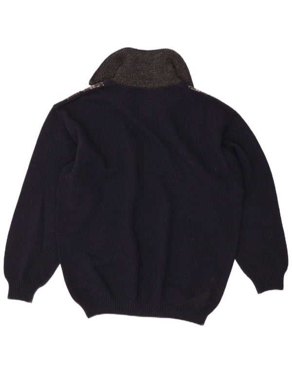 Jac Mens Polo Neck Jumper Sweater IT 56 2XL Navy Blue Fair Isle Wool