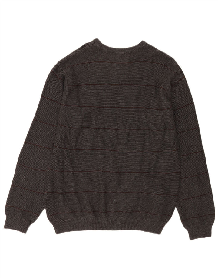 Izod Mens Crew Neck Jumper Sweater Medium Grey Striped Cotton
