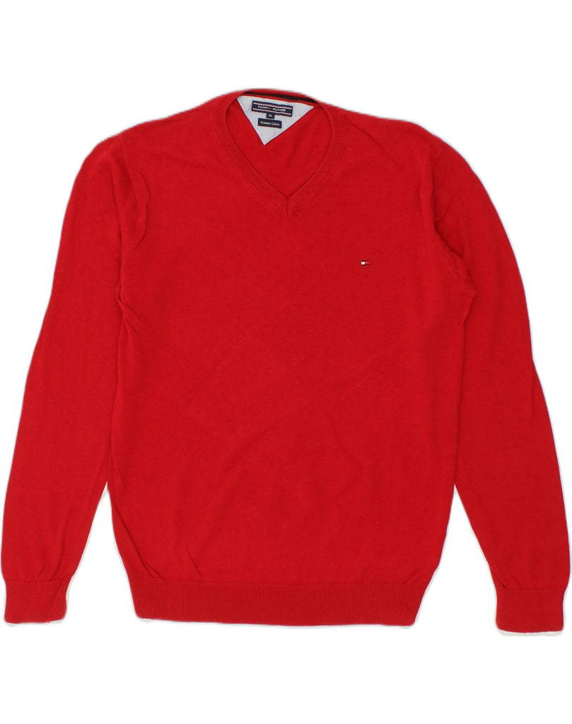 TOMMY HILFIGER Mens V-Neck Jumper Sweater XL Red Cotton | Vintage Tommy Hilfiger | Thrift | Second-Hand Tommy Hilfiger | Used Clothing | Messina Hembry 