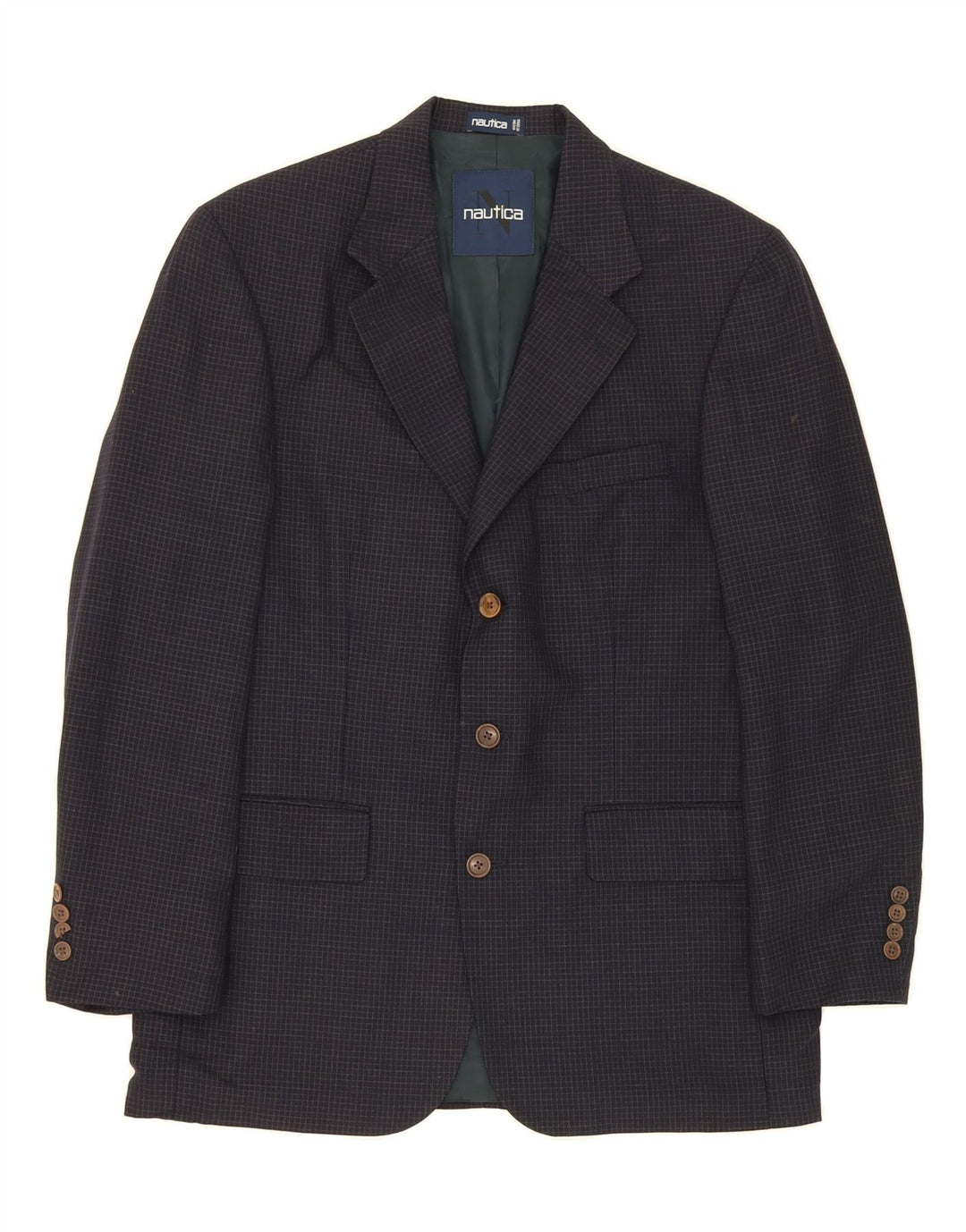 NAUTICA Mens 3 Button Blazer Jacket UK 40 Large Navy Blue Check Wool Vintage Nautica and Second-Hand Nautica from Messina Hembry 