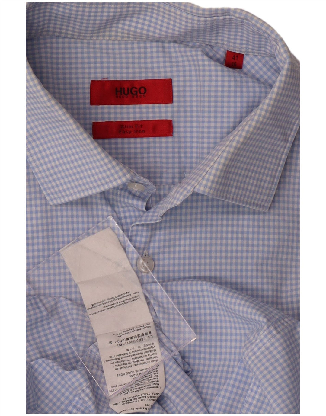 HUGO BOSS Mens Slim Fit Shirt Size 41/16 Large Blue Gingham Cotton