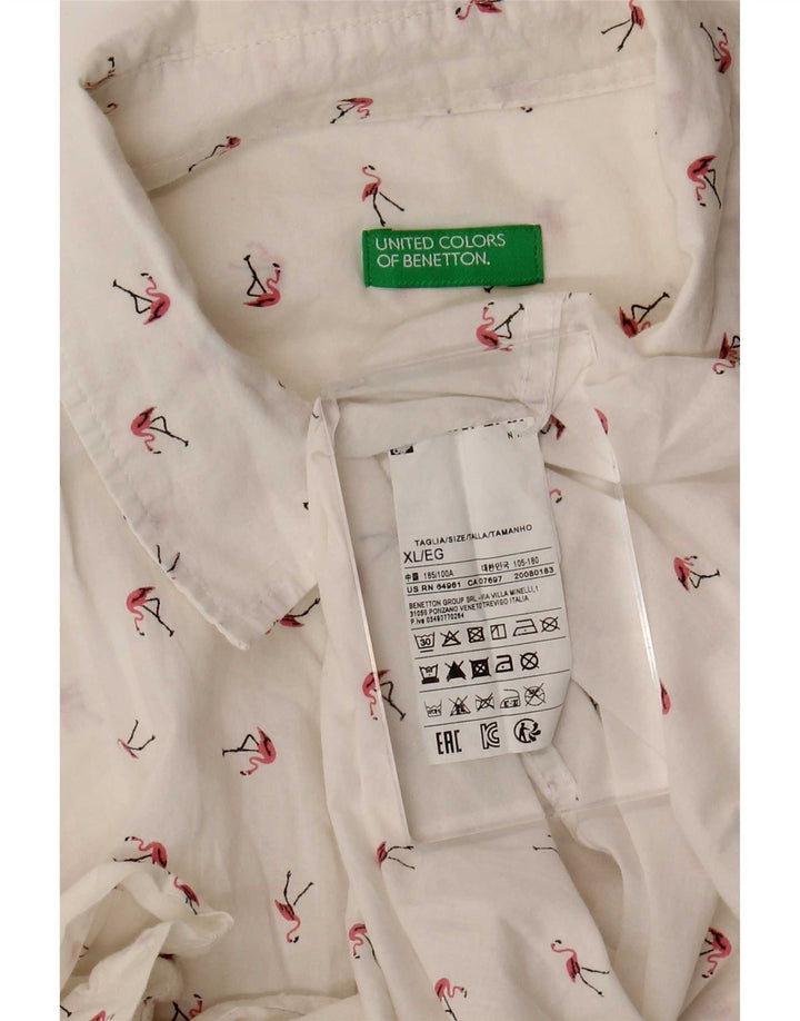 Benetton Mens Short Sleeve Shirt XL White Spotted Cotton