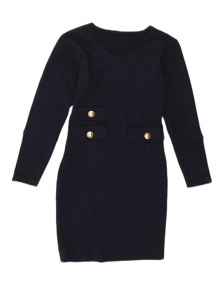 VINTAGE Womens Long Sleeve Sheath Dress UK 12 Medium Navy Blue Vintage Vintage and Second-Hand Vintage from Messina Hembry 