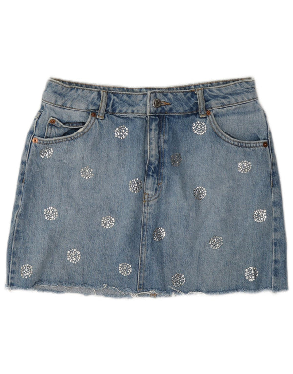 Topshop Womens Mini Denim Skirt UK 12 Medium W28 Blue Spotted Cotton