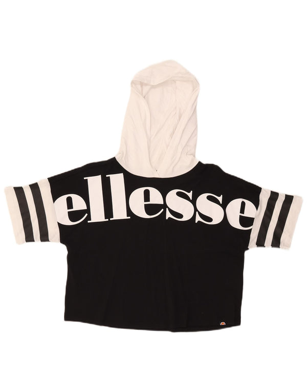 Ellesse Womens Crop Hooded Graphic T-Shirt Top UK 6 XS Black Colourblock