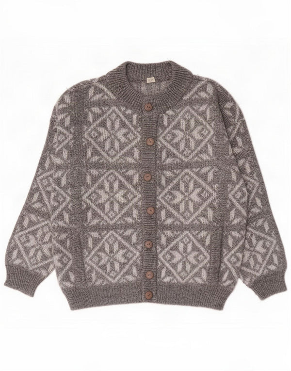 Vintage Mens Loose Fit Cardigan Sweater Small Grey Fair Isle Wool