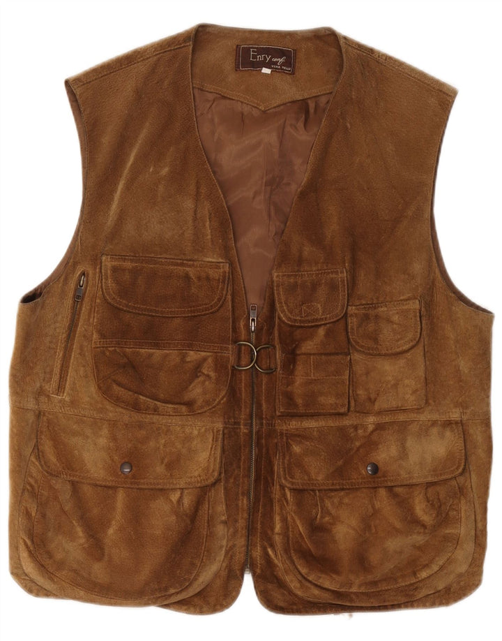 Vintage Mens Suede Utility Gilet UK 38 Medium Brown Leather