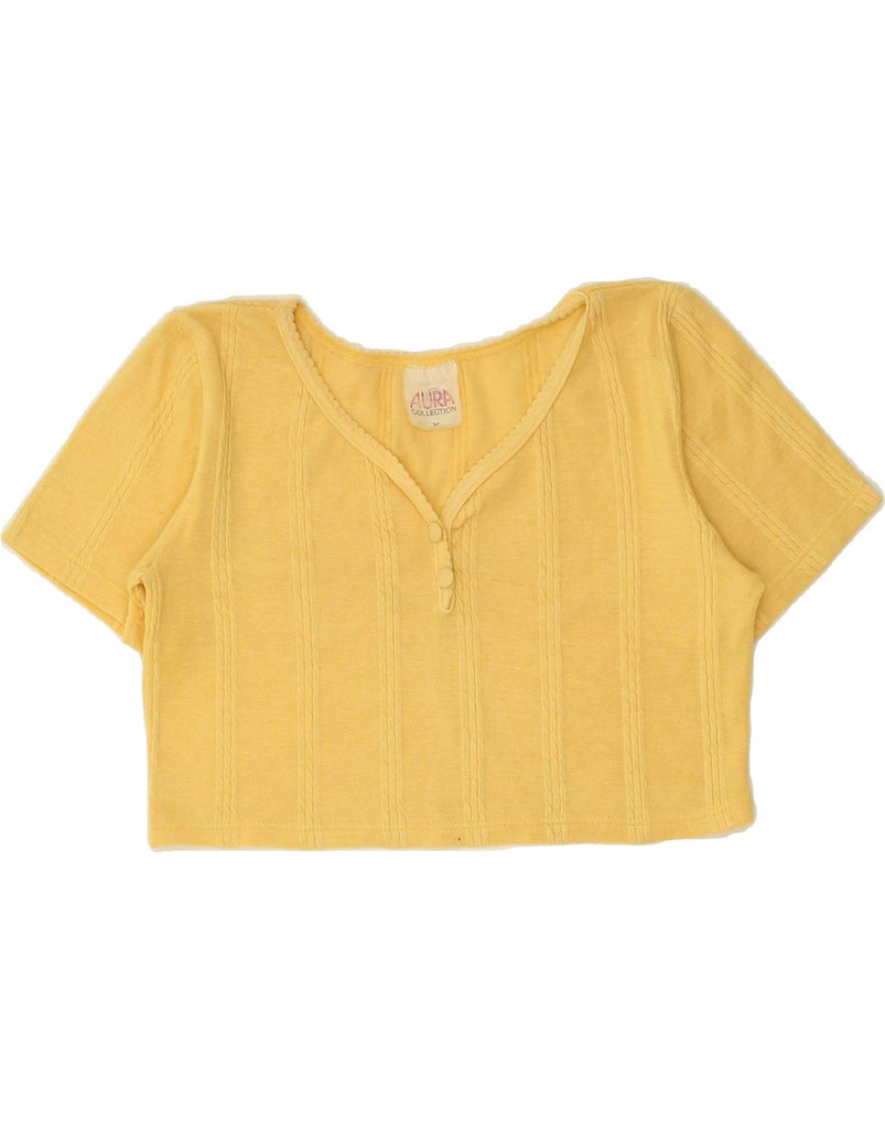 VINTAGE Womens Crop T-Shirt Top UK 14 Medium Yellow Polyester | Vintage Vintage | Thrift | Second-Hand Vintage | Used Clothing | Messina Hembry 