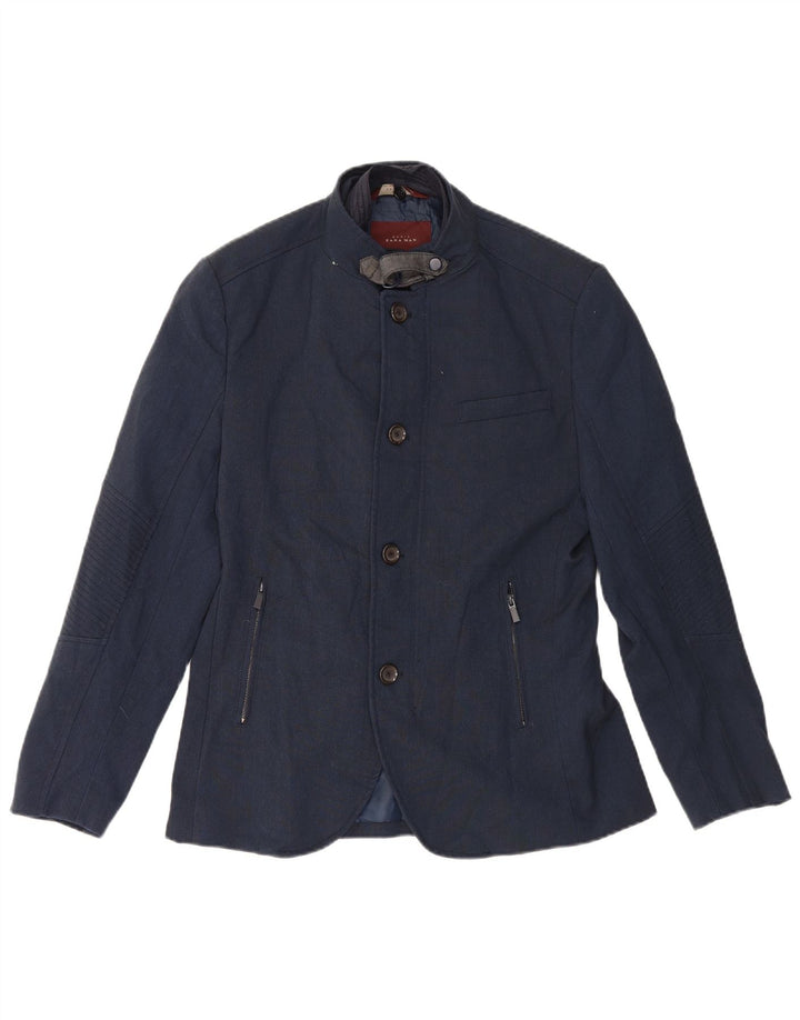 Zara Mens 4 Button Blazer Jacket UK 40 Large Navy Blue Polyester