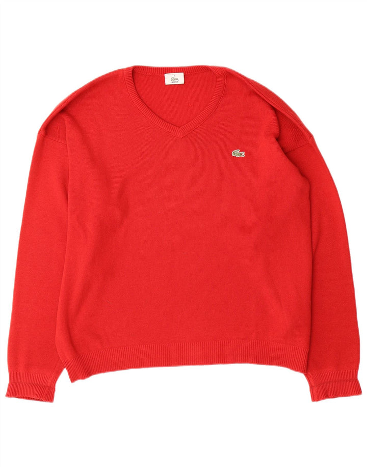 Lacoste Mens V-Neck Jumper Sweater Size 5 Large Red Cotton