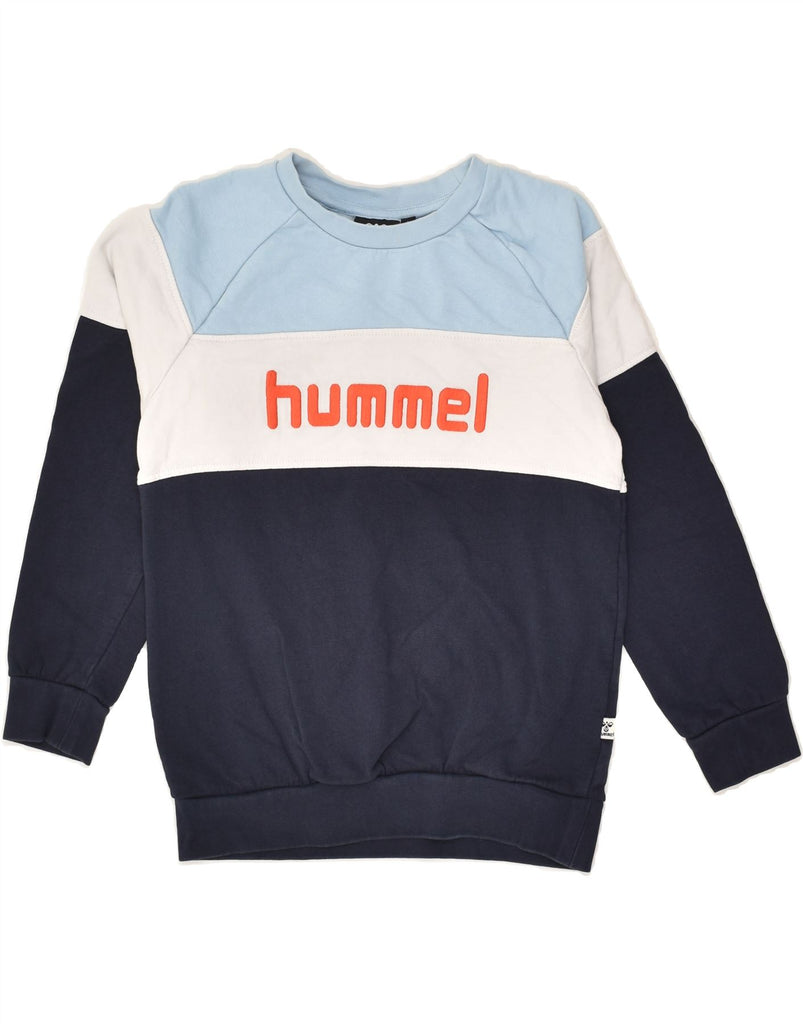 HUMMEL Boys Graphic Sweatshirt Jumper 7-8 Years Blue Colourblock Cotton | Vintage Hummel | Thrift | Second-Hand Hummel | Used Clothing | Messina Hembry 