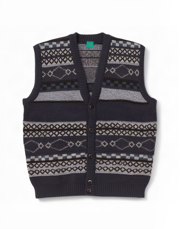 Canda Mens By C&A Sleeveless Cardigan Sweater Medium Navy Blue Geometric