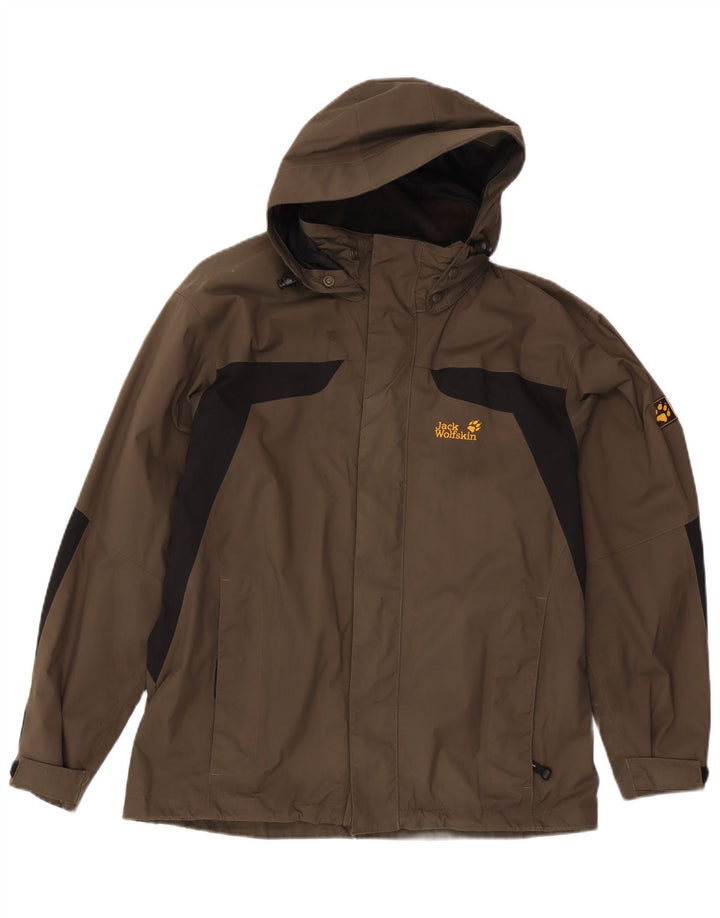 Jack Wolfskin Mens Hooded Rain Jacket UK 36/38 Medium Khaki Colourblock