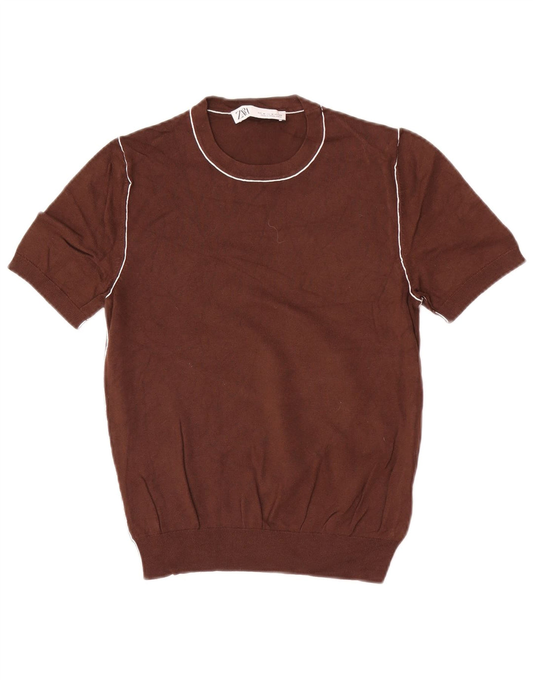 Zara Womens Short Sleeve Crew Neck Jumper Sweater UK 12 Medium Brown