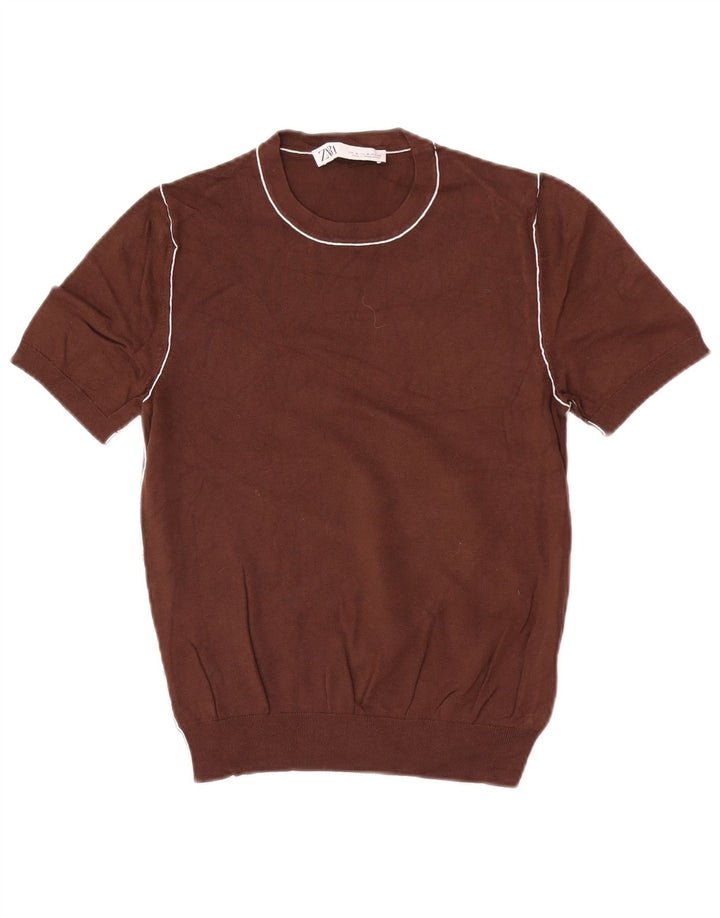 Zara Womens Short Sleeve Crew Neck Jumper Sweater UK 12 Medium Brown