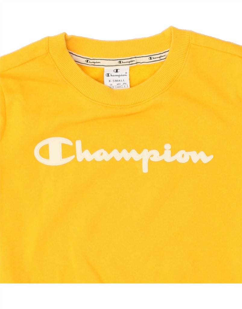 CHAMPION Womens Graphic Sweatshirt Jumper UK 6 XS Yellow | Vintage Champion | Thrift | Second-Hand Champion | Used Clothing | Messina Hembry 