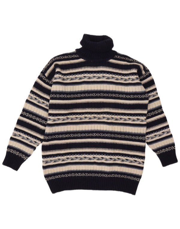 Vintage Mens Roll Neck Jumper Sweater Medium Navy Blue Striped Wool
