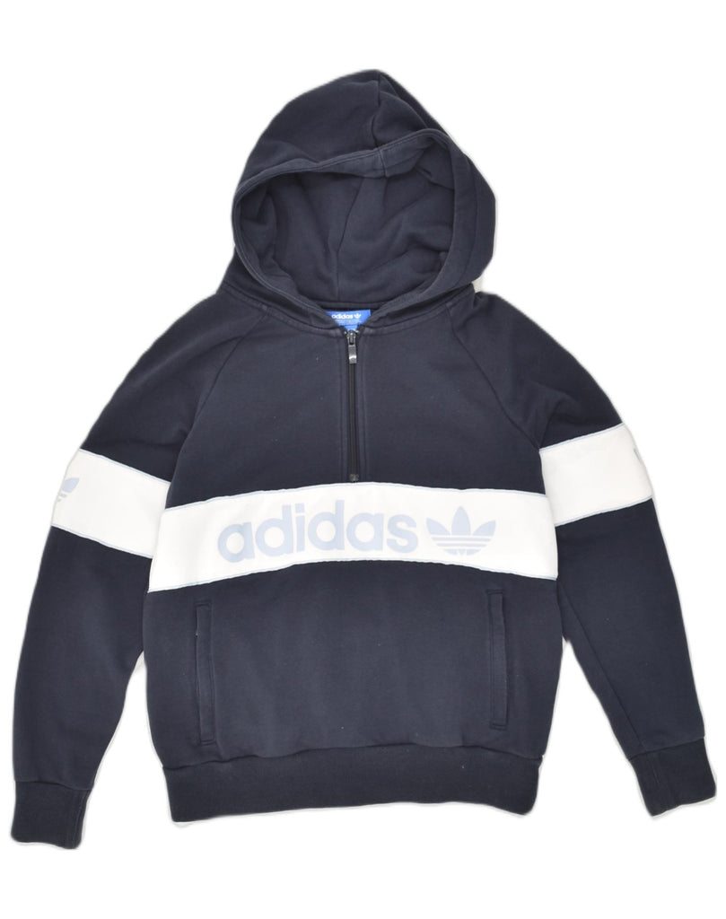 ADIDAS Womens Graphic Hoodie Jumper UK 8 Small Navy Blue Colourblock | Vintage Adidas | Thrift | Second-Hand Adidas | Used Clothing | Messina Hembry 