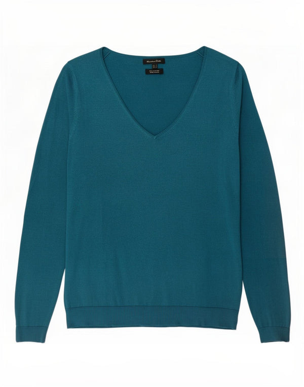 Massimo Dutti Womens V-Neck Jumper Sweater UK 10 Small Blue Silk