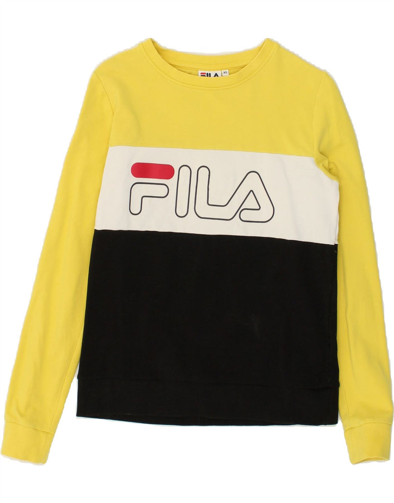 FILA Womens Graphic Sweatshirt Jumper UK 6 XS Yellow Colourblock | Vintage Fila | Thrift | Second-Hand Fila | Used Clothing | Messina Hembry 