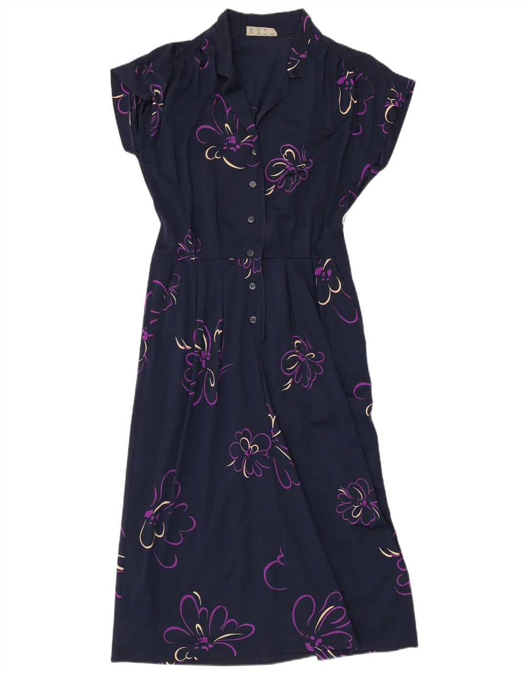 VINTAGE Womens A-Line Dress UK 14 Medium Navy Blue Floral Polyamide