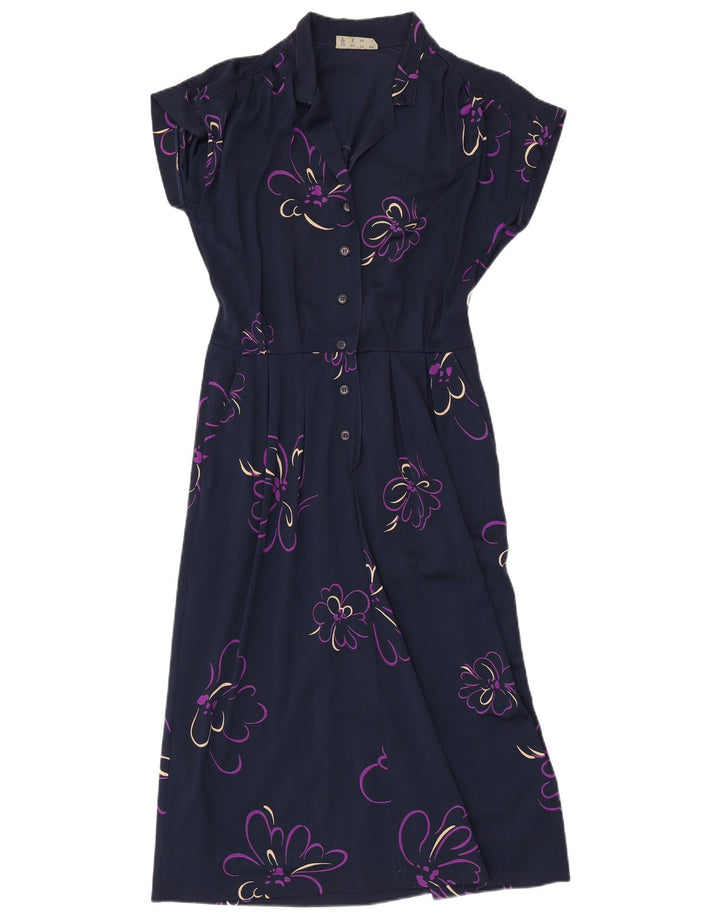 VINTAGE Womens A-Line Dress UK 14 Medium Navy Blue Floral Polyamide