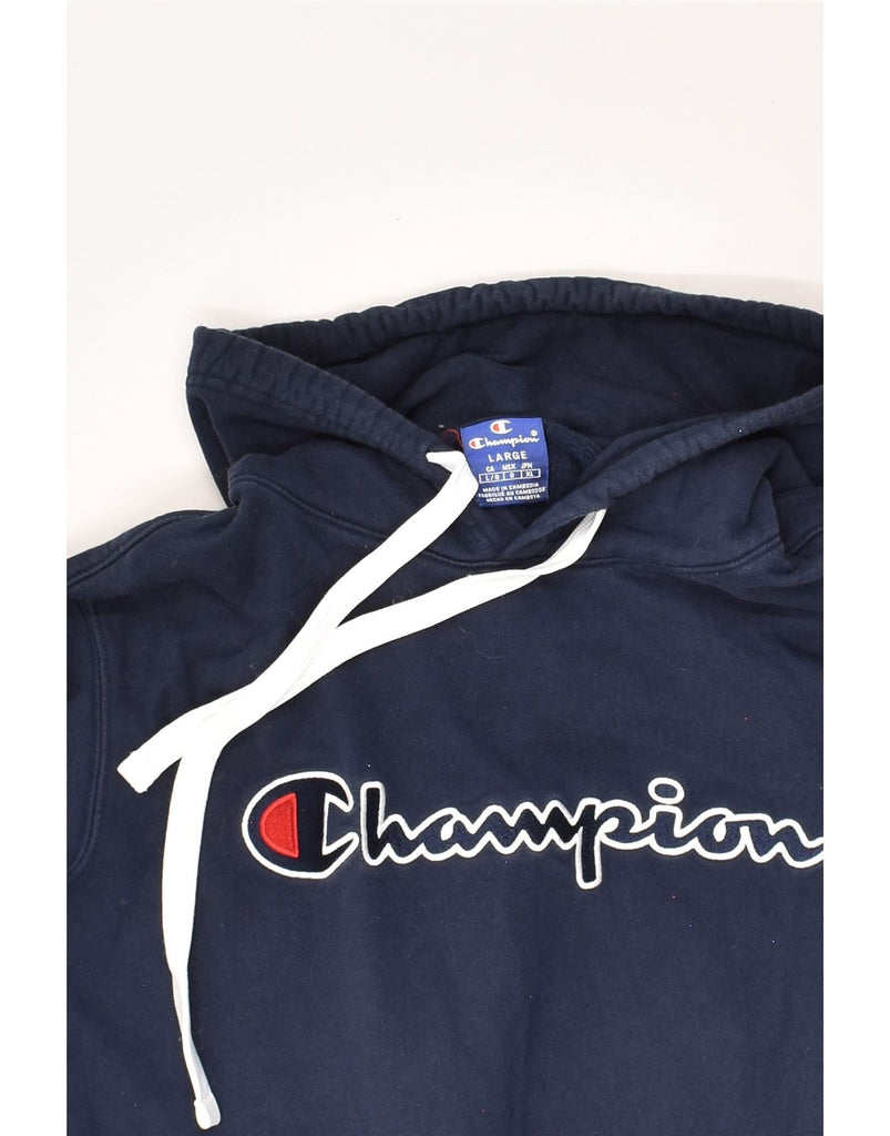 CHAMPION Womens Graphic Hoodie Jumper UK 16 Large Navy Blue Cotton | Vintage Champion | Thrift | Second-Hand Champion | Used Clothing | Messina Hembry 