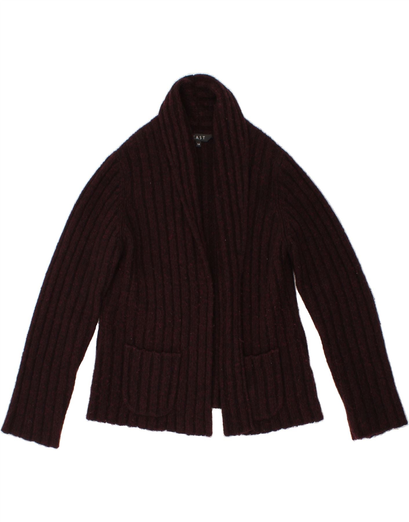 EAST Womens Open Cardigan Sweater UK 14 Large Burgundy Wool