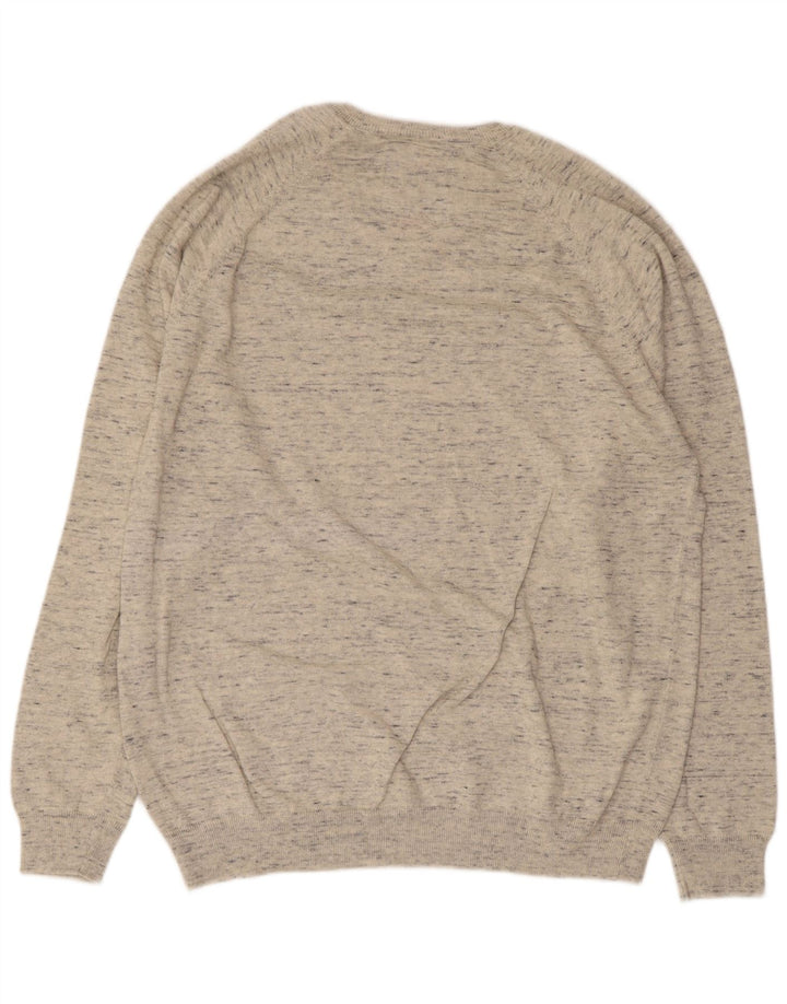 SUPERDRY Mens V-Neck Jumper Sweater 2XL Grey Flecked Cotton