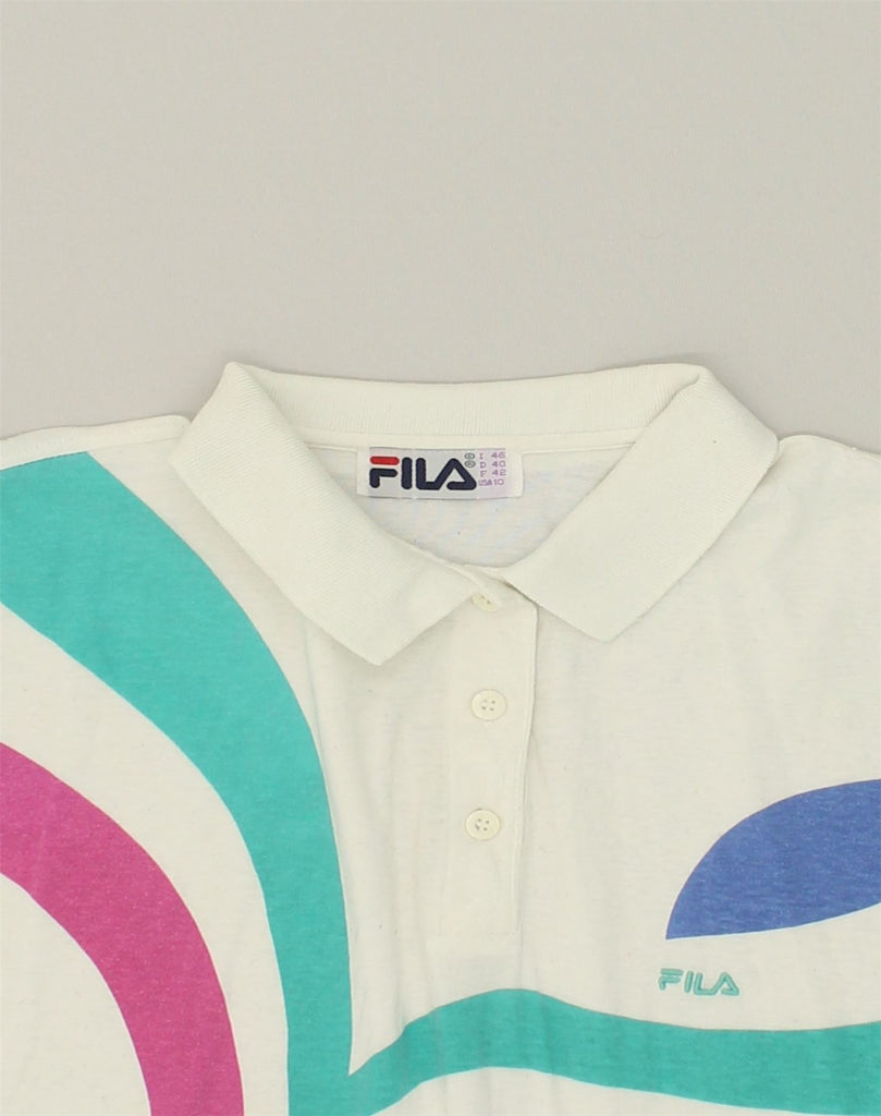 FILA Womens Graphic Polo Shirt IT 46 Large White Cotton | Vintage Fila | Thrift | Second-Hand Fila | Used Clothing | Messina Hembry 