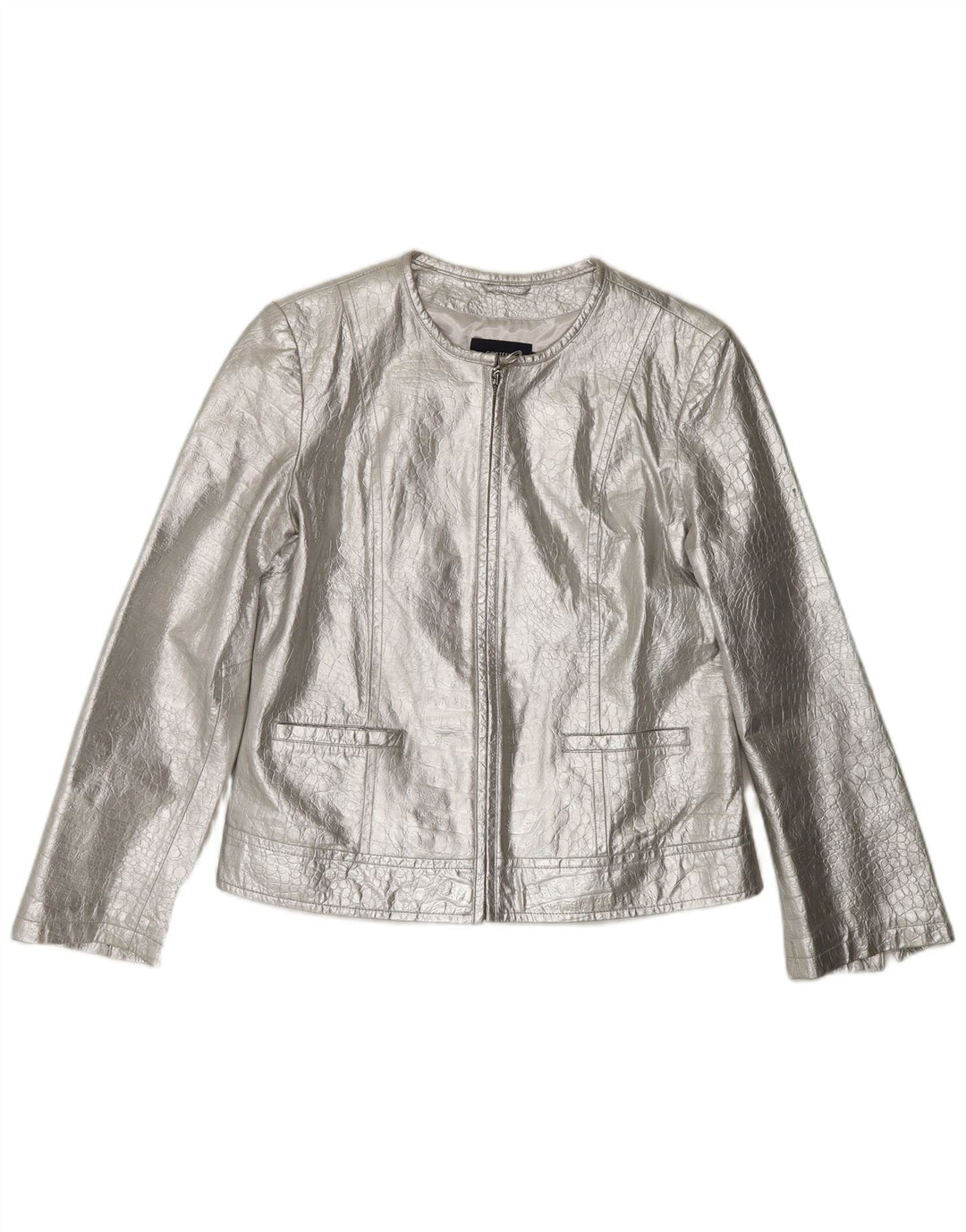 CORTEFIEL Womens Leather Jacket UK 12 Medium Silver Leather