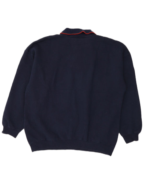 VINTAGE Mens Polo Neck Jumper Sweater XL Navy Blue Colourblock Acrylic