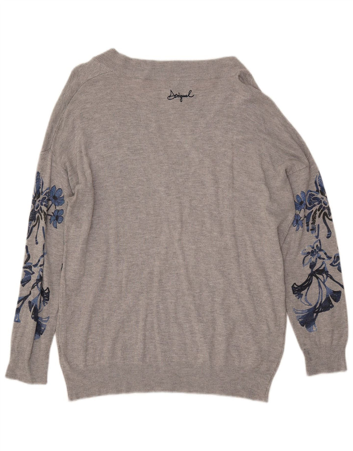 DESIGUAL Womens Graphic V-Neck Jumper Sweater UK 14 Medium Grey Floral