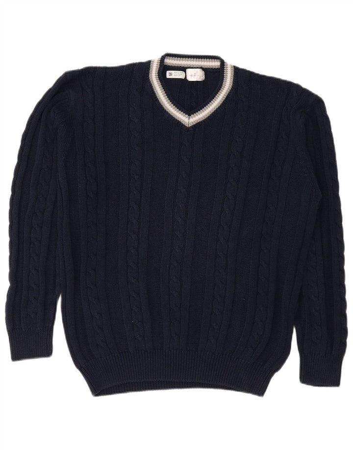 VINTAGE Mens V-Neck Jumper Sweater Large Navy Blue Cotton
