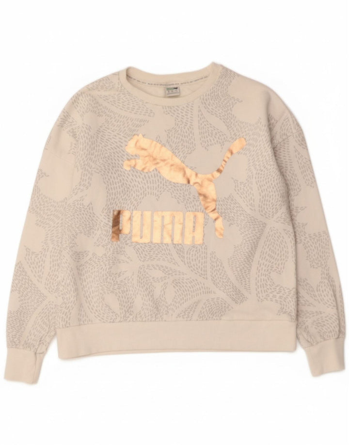 PUMA Womens Graphic Sweatshirt Jumper UK 14 Medium White Floral Cotton Vintage Puma and Second-Hand Puma from Messina Hembry 