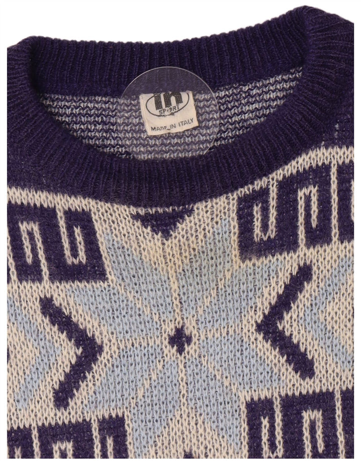 Vintage Mens Crew Neck Jumper Sweater Medium Navy Blue Geometric