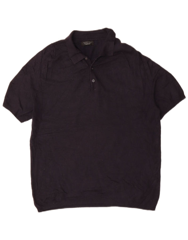 Zara Mens Short Sleeve Polo Neck Jumper Sweater Large Navy Blue