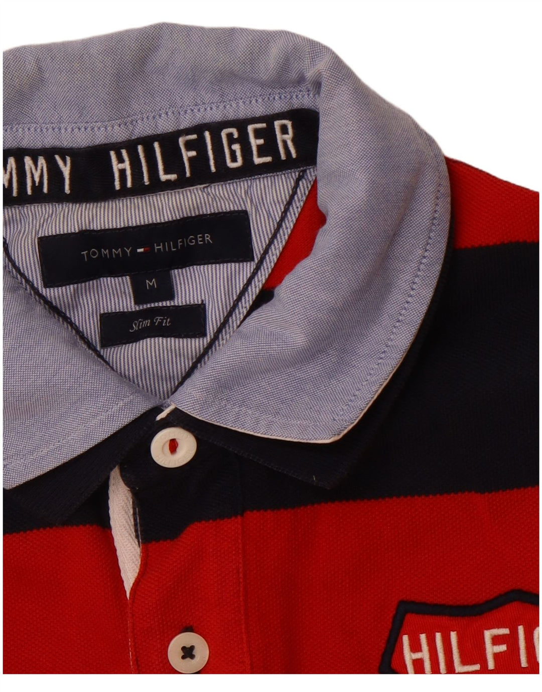 TOMMY HILFIGER Mens Slim Fit Graphic Rugby Polo Shirt Medium Red Striped