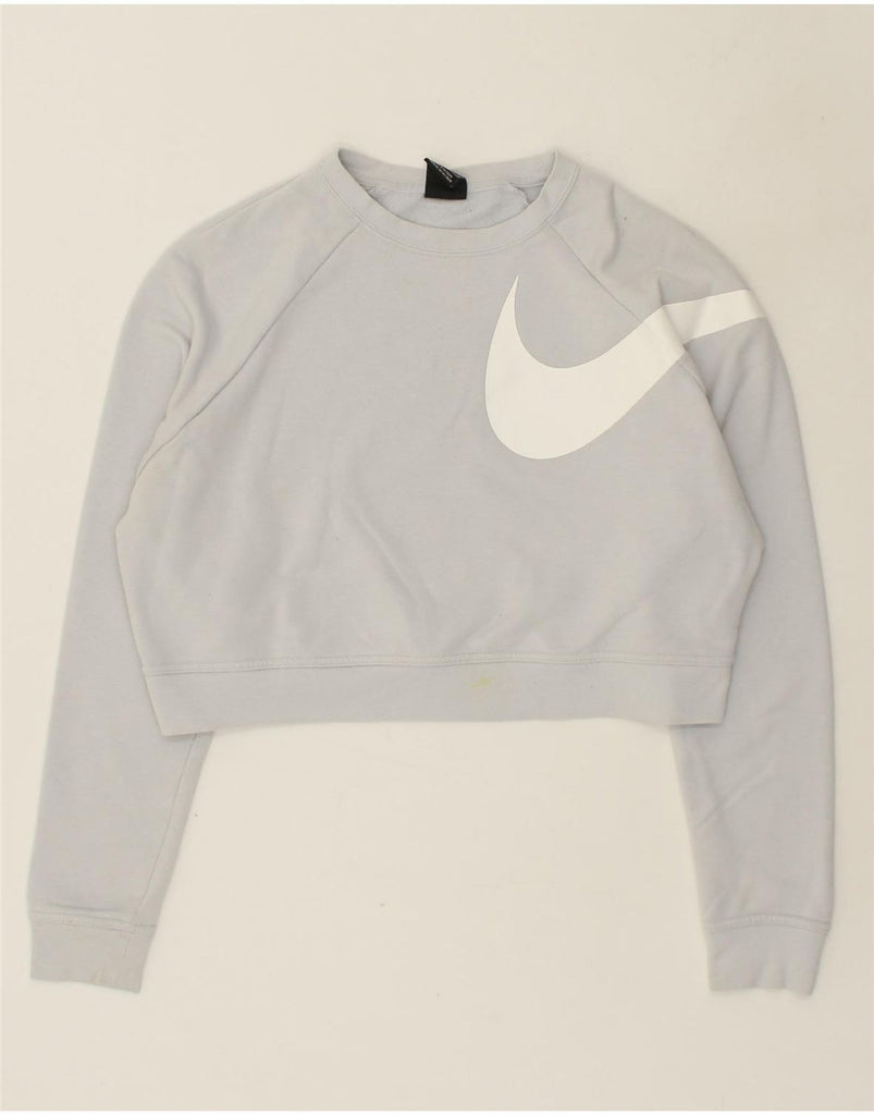 NIKE Womens Dri Fit Graphic Crop Sweatshirt Jumper UK 10 Small Blue Cotton | Vintage Nike | Thrift | Second-Hand Nike | Used Clothing | Messina Hembry 