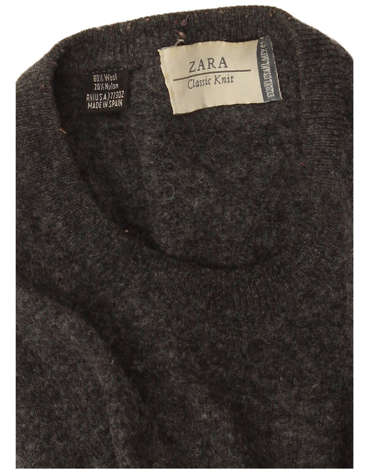 Zara Mens Crew Neck Jumper Sweater XL Grey Flecked Wool