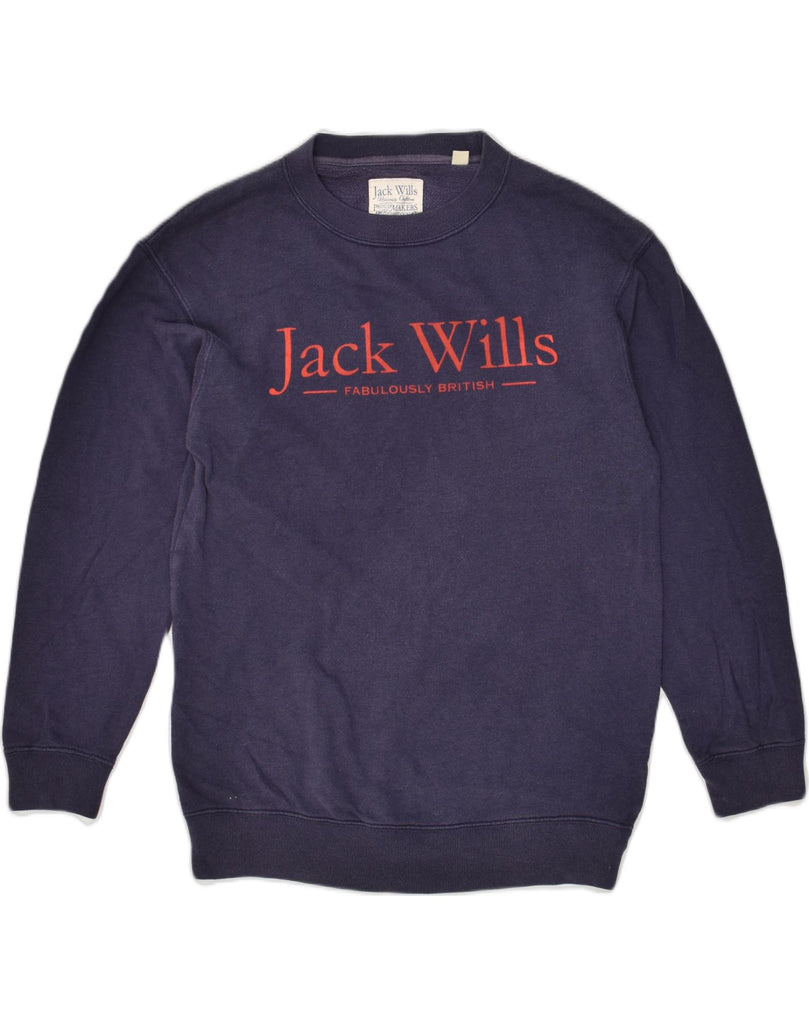 JACK WILLS Womens Graphic Sweatshirt Jumper UK 6 XS Navy Blue Cotton | Vintage Jack Wills | Thrift | Second-Hand Jack Wills | Used Clothing | Messina Hembry 