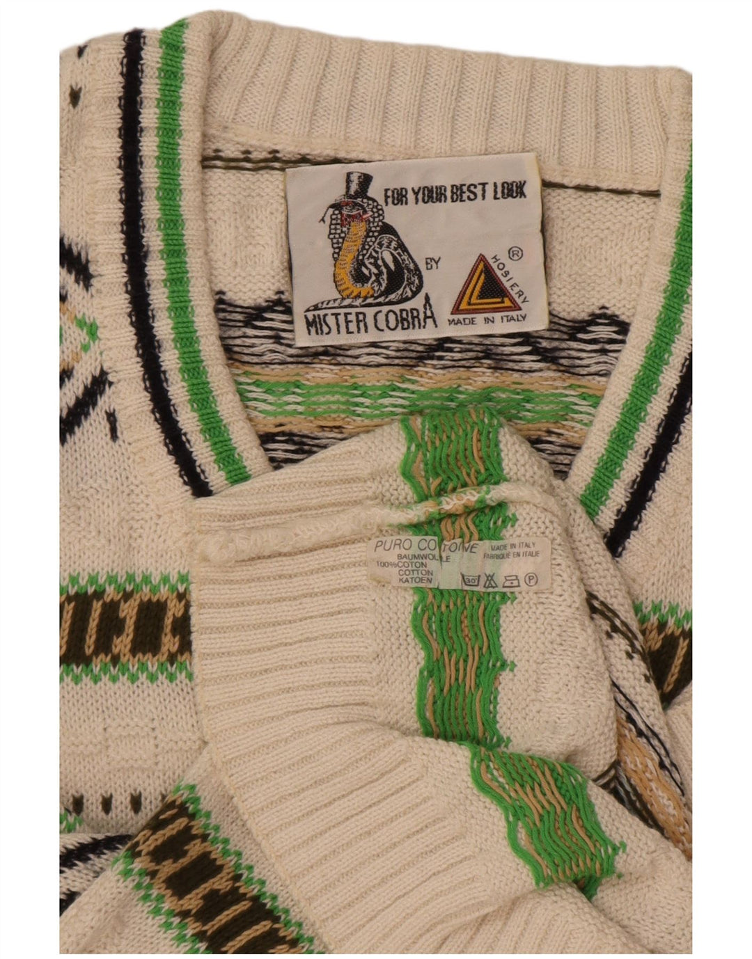 Vintage Mens V-Neck Jumper Sweater Medium White Geometric Cotton