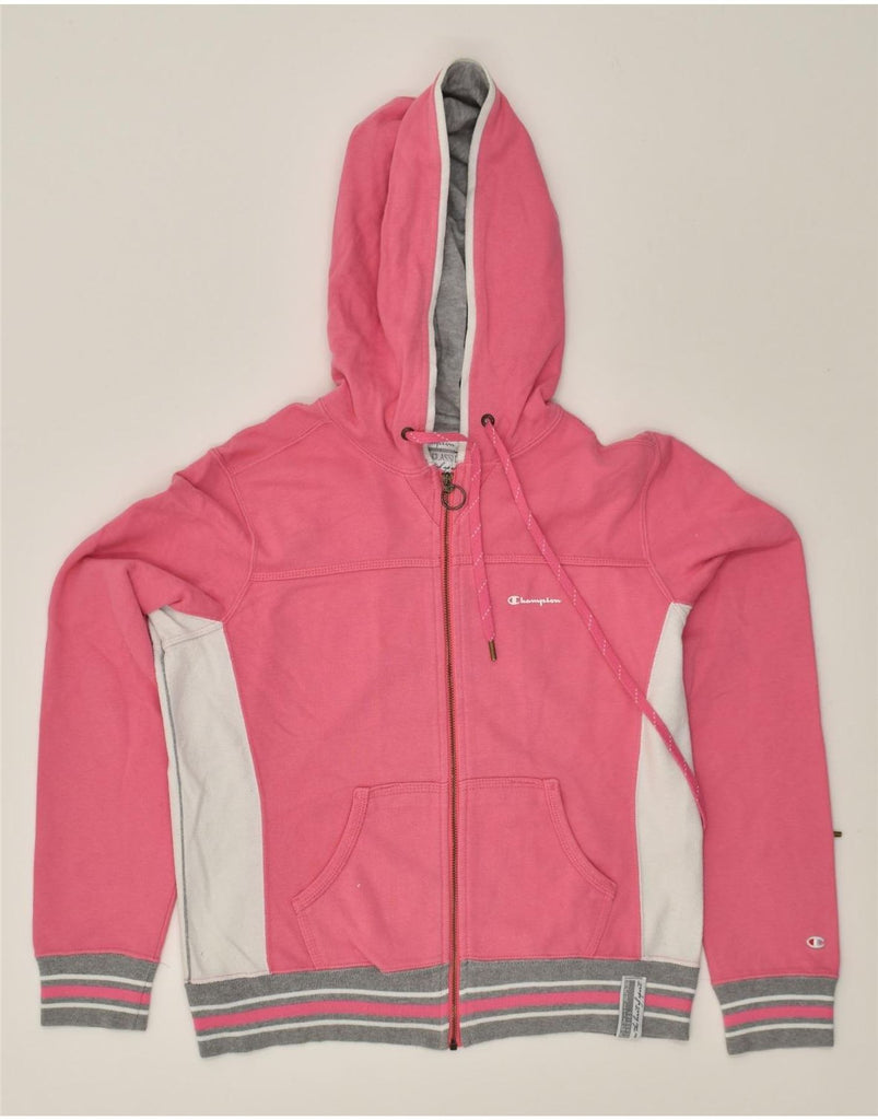 CHAMPION Womens Zip Hoodie Sweater UK 12 Medium Pink Colourblock | Vintage Champion | Thrift | Second-Hand Champion | Used Clothing | Messina Hembry 