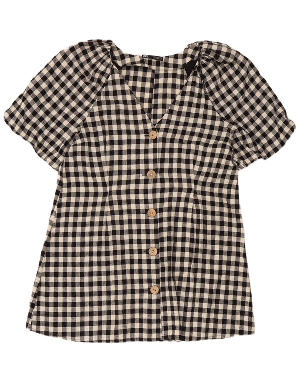 Zara Womens Short Sleeves Shirt Dress UK 16 Large Black Gingham Linen