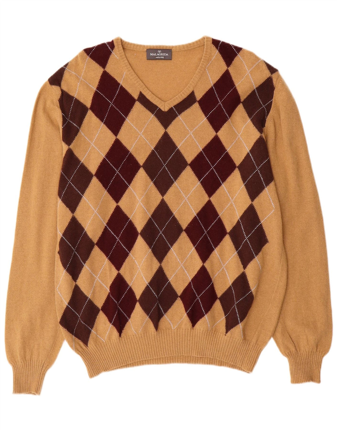 Malagrida Mens V-Neck Jumper Sweater XL Beige Argyle/Diamond Wool
