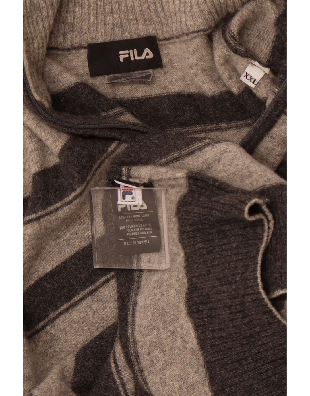 FILA Mens Zip Neck Jumper Sweater 2XL Grey Striped Wool