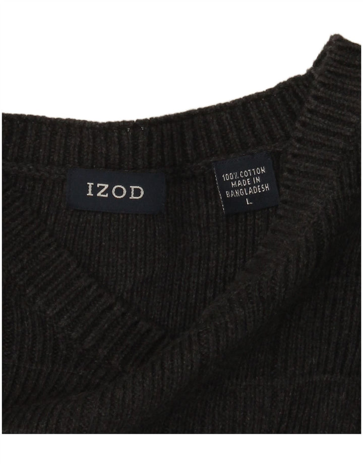 IZOD Mens Boat Neck Jumper Sweater Large Grey Check Cotton