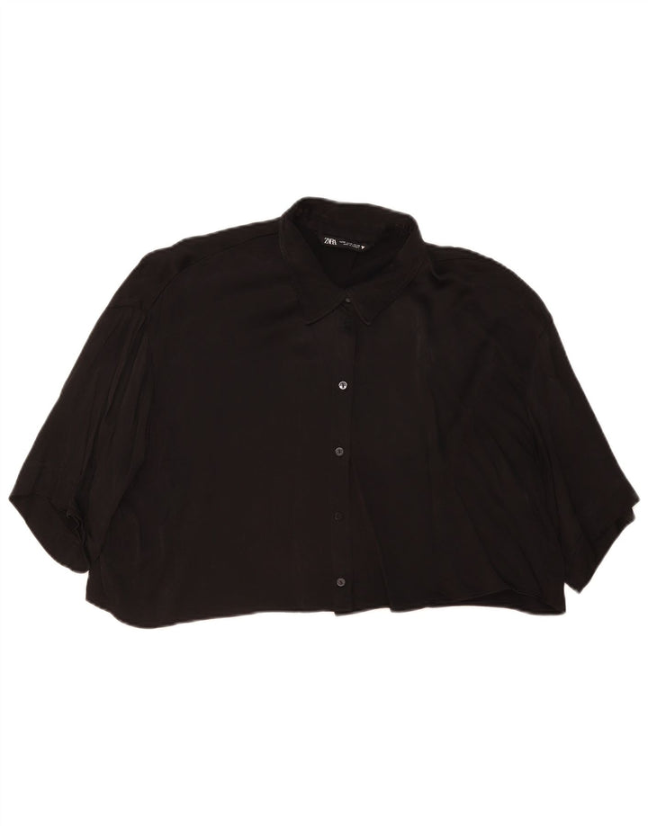Zara Womens Oversized Crop Short Sleeve Shirt Blouse UK 14 Medium Black