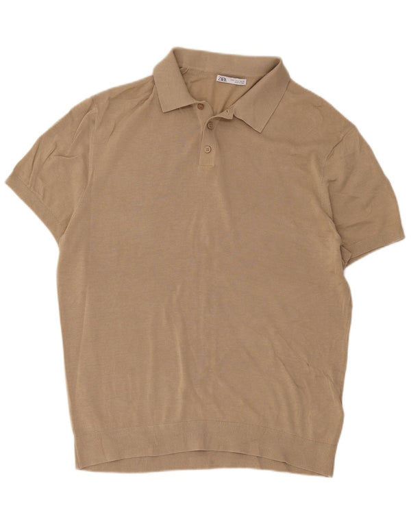 Zara Mens Polo Shirt Large Beige Cotton