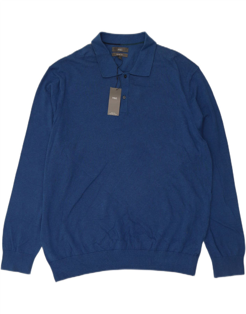 MARKS & SPENCER Mens Polo Neck Jumper Sweater XL Blue Cotton Vintage Marks & Spencer and Second-Hand Marks & Spencer from Messina Hembry 